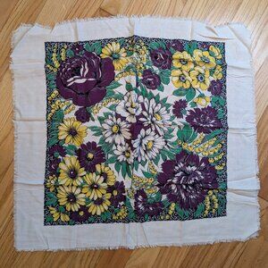 vintage 80s floral head scarf purple green yellow woven 23" x 22" square frayed